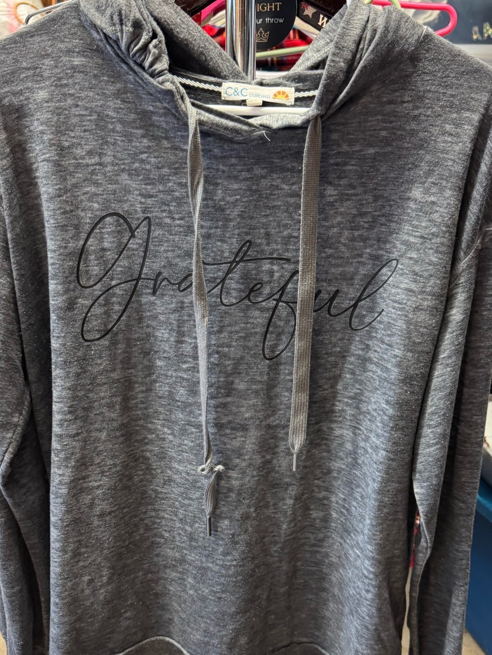 C&C California Zip-Up Hoodie in Dark Gray with "Grateful" Script